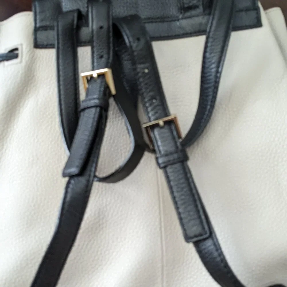 Kate Spade New York Leila Pebble Leather Drawstring Flap Backpack Beige Black